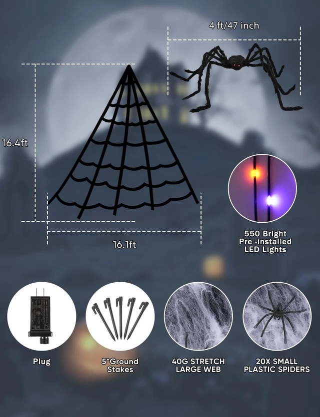 Alt view image 5 of 7 - Spider Webs Halloween Decorations Lights - 550 LEDs Outdoor Giant Halloween Decor Lights with16.4ft,4ft Spider,8 Modes,Waterproof&Timer for Yard Porch Garden,Outside Party (with Spider)