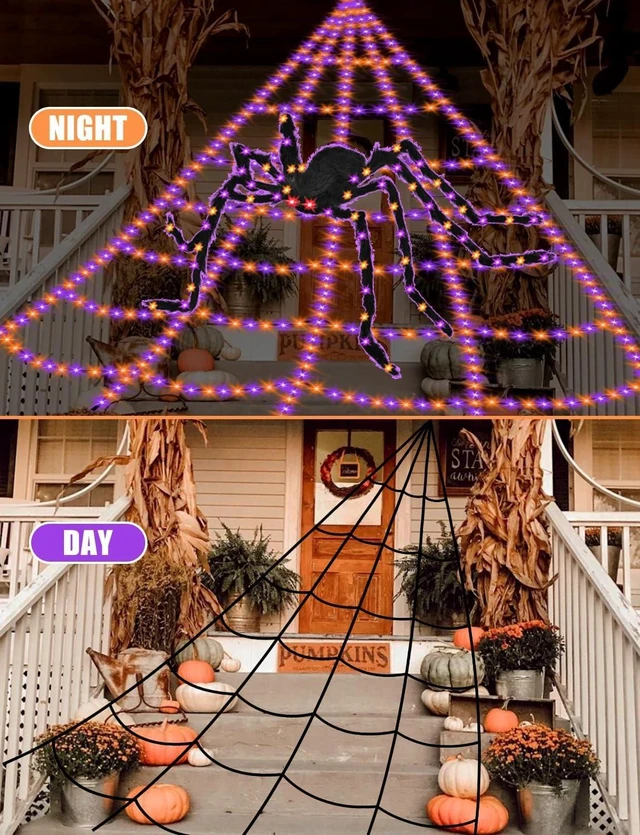 Alt view image 6 of 7 - Spider Webs Halloween Decorations Lights - 550 LEDs Outdoor Giant Halloween Decor Lights with16.4ft,4ft Spider,8 Modes,Waterproof&Timer for Yard Porch Garden,Outside Party (with Spider)