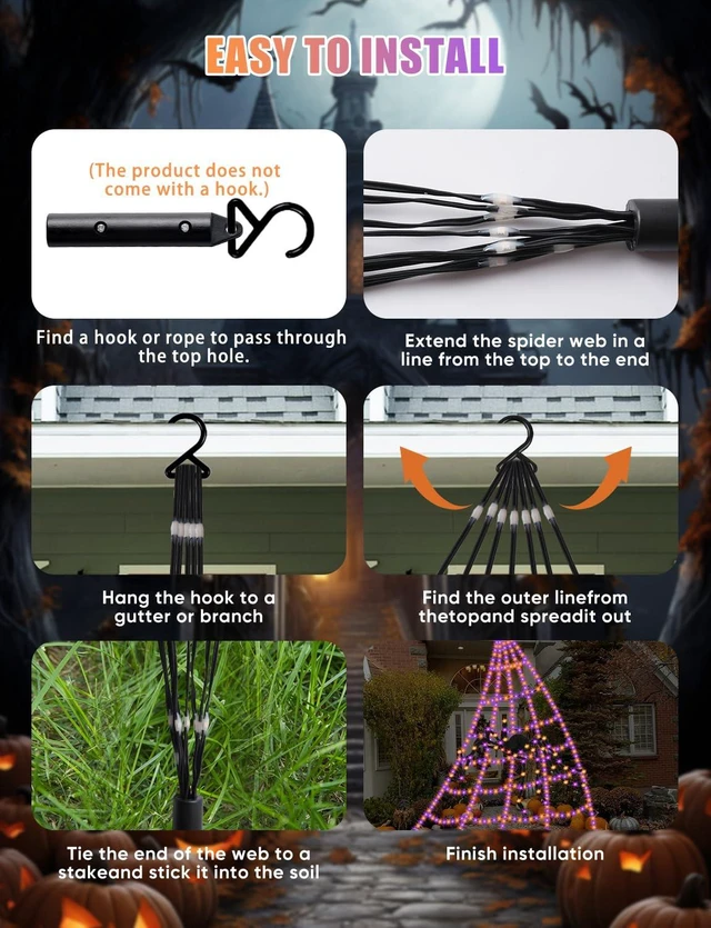 Alt view image 7 of 7 - Spider Webs Halloween Decorations Lights - 550 LEDs Outdoor Giant Halloween Decor Lights with16.4ft,4ft Spider,8 Modes,Waterproof&Timer for Yard Porch Garden,Outside Party (with Spider)