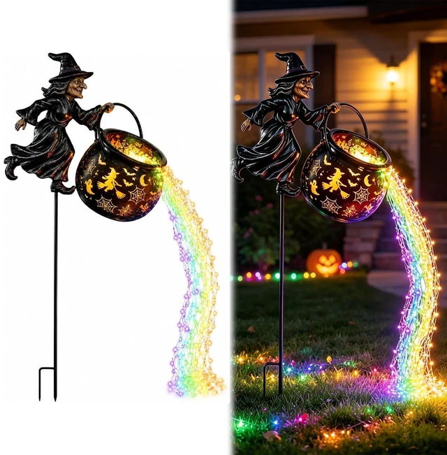 Main image of Halloween Decorations Outdoor Witch Cauldron Garden Light | Witch Cauldron With Layered Colored LED Waterfall, For Yard Lawn Pathway, No Battery