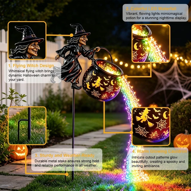 Alt view image 3 of 7 - Halloween Decorations Outdoor Witch Cauldron Garden Light | Witch Cauldron With Layered Colored LED Waterfall, For Yard Lawn Pathway, No Battery