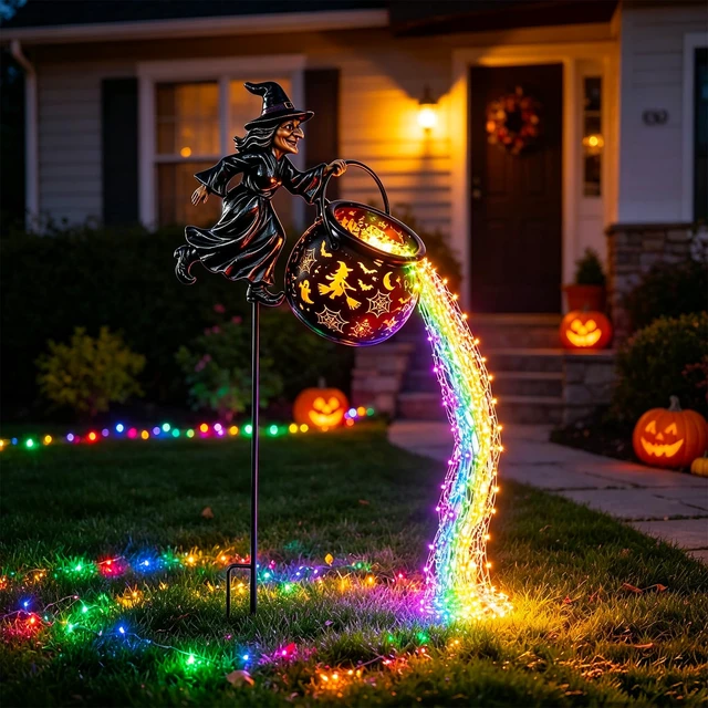 Alt view image 4 of 7 - Halloween Decorations Outdoor Witch Cauldron Garden Light | Witch Cauldron With Layered Colored LED Waterfall, For Yard Lawn Pathway, No Battery