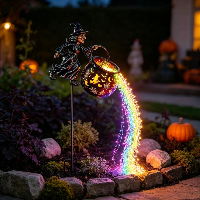Alt view image 5 of 7 - Halloween Decorations Outdoor Witch Cauldron Garden Light | Witch Cauldron With Layered Colored LED Waterfall, For Yard Lawn Pathway, No Battery
