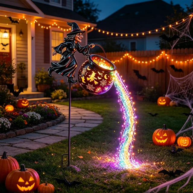 Alt view image 6 of 7 - Halloween Decorations Outdoor Witch Cauldron Garden Light | Witch Cauldron With Layered Colored LED Waterfall, For Yard Lawn Pathway, No Battery