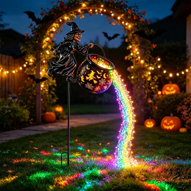 Alt view image 7 of 7 - Halloween Decorations Outdoor Witch Cauldron Garden Light | Witch Cauldron With Layered Colored LED Waterfall, For Yard Lawn Pathway, No Battery