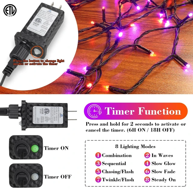 Alt view image 5 of 7 - 66FT 200 LED Halloween String Lights, Twinkle Lights with 8 Modes and Timer, Outdoor Waterproof Halloween Tree Lights for Room Bedroom Wedding Party Holiday Decorations, Purple and Orange