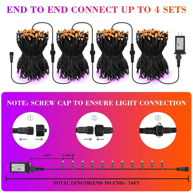 Alt view image 6 of 7 - 66FT 200 LED Halloween String Lights, Twinkle Lights with 8 Modes and Timer, Outdoor Waterproof Halloween Tree Lights for Room Bedroom Wedding Party Holiday Decorations, Purple and Orange