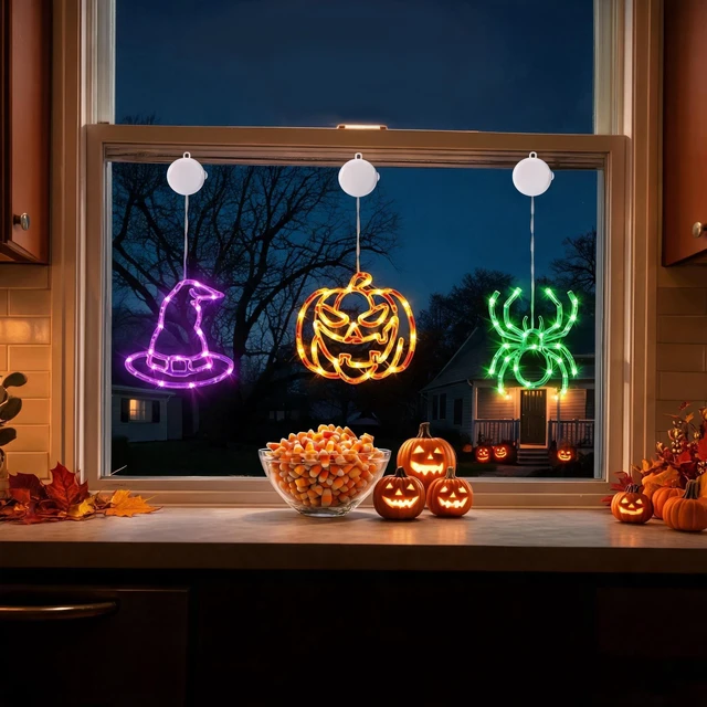 Alt view image 7 of 7 - Battery Powered Halloween Window Lights Decorations 3 Pack | Orange Pumpkin Purple Hats Green Spider with Suction Cup and Timer Functions for Indoor Hanging Ornaments Party Decor