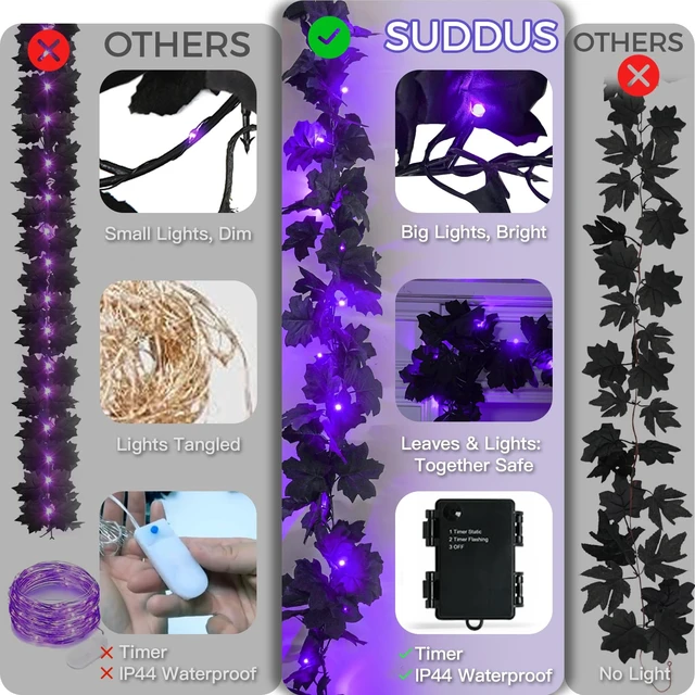 Alt view image 3 of 7 - Halloween Garland with Lights Black Maple Leaves Battery Operated | 20LED 6.5FT Halloween Lights Indoor, Halloween Decor for Yard, Porch, Table, Party, Indoor, Outdoor