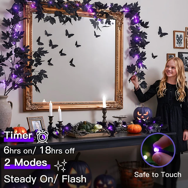 Alt view image 4 of 7 - Halloween Garland with Lights Black Maple Leaves Battery Operated | 20LED 6.5FT Halloween Lights Indoor, Halloween Decor for Yard, Porch, Table, Party, Indoor, Outdoor