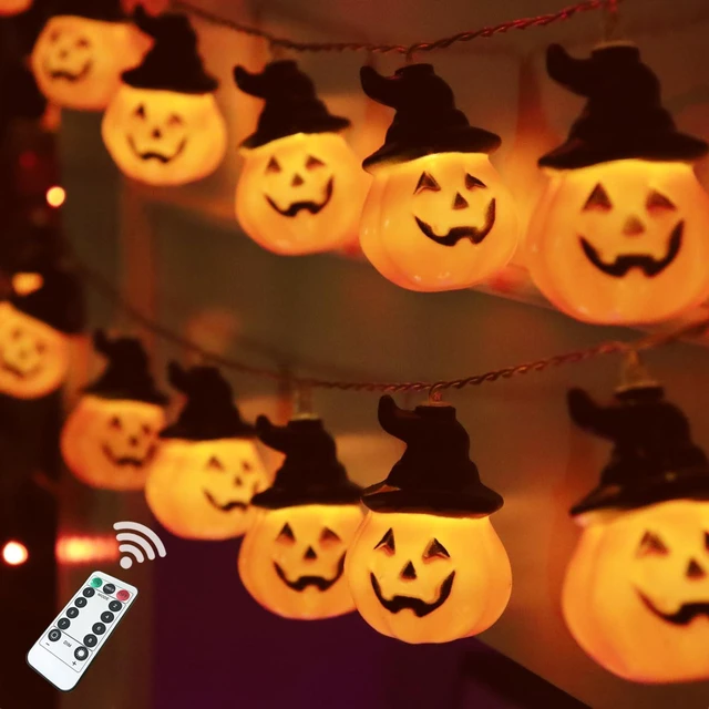 Main image of Halloween Lights Pumpkin String Light 20 LED 16.4ft Battery Operated | 8 Modes Timer 3D Waterproof Orange Jack-O-Lantern with Witch Hat, Flickering Lights for Indoor Outdoor Party Decor