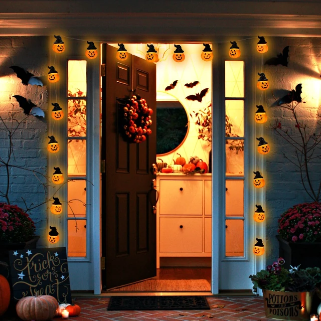 Alt view image 3 of 7 - Halloween Lights Pumpkin String Light 20 LED 16.4ft Battery Operated | 8 Modes Timer 3D Waterproof Orange Jack-O-Lantern with Witch Hat, Flickering Lights for Indoor Outdoor Party Decor