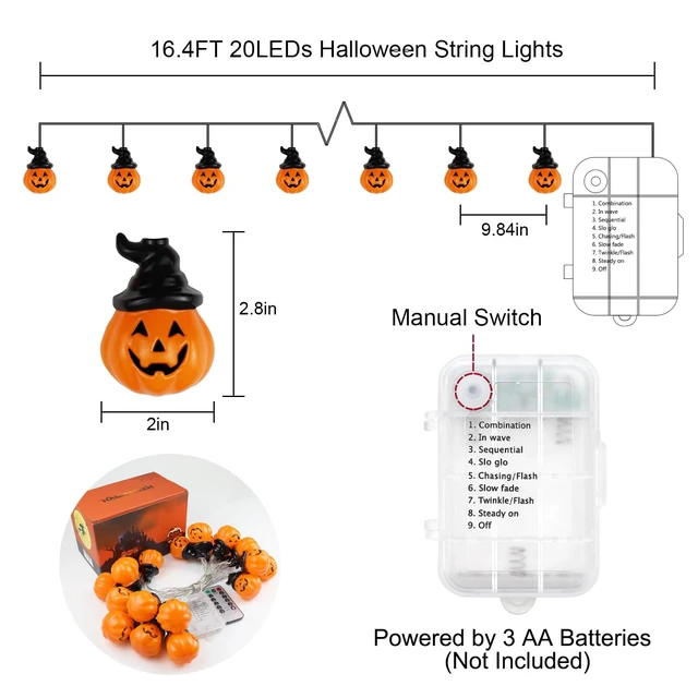 Alt view image 4 of 7 - Halloween Lights Pumpkin String Light 20 LED 16.4ft Battery Operated | 8 Modes Timer 3D Waterproof Orange Jack-O-Lantern with Witch Hat, Flickering Lights for Indoor Outdoor Party Decor