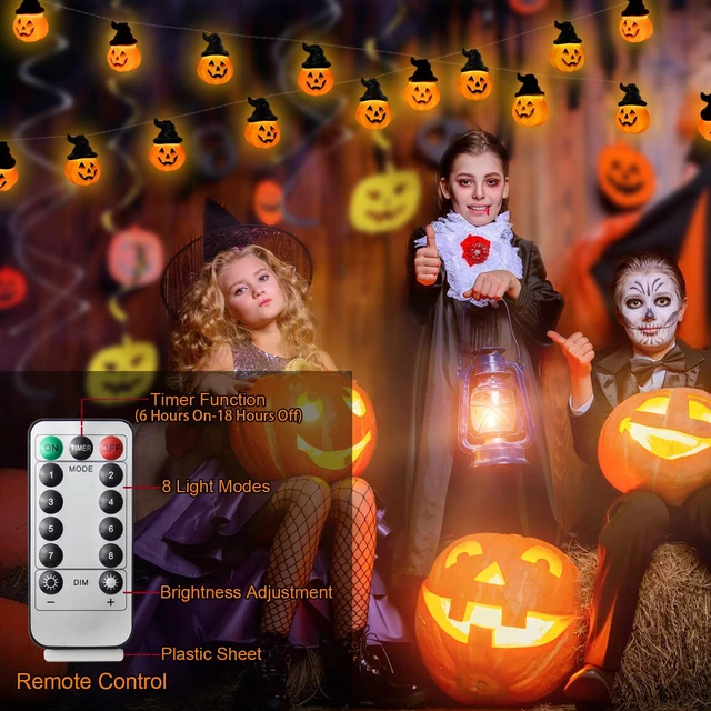 Alt view image 5 of 7 - Halloween Lights Pumpkin String Light 20 LED 16.4ft Battery Operated | 8 Modes Timer 3D Waterproof Orange Jack-O-Lantern with Witch Hat, Flickering Lights for Indoor Outdoor Party Decor
