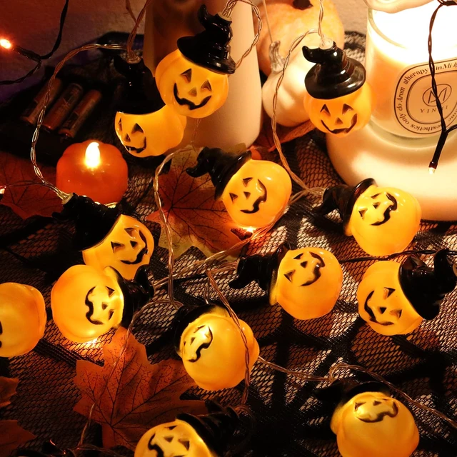 Alt view image 6 of 7 - Halloween Lights Pumpkin String Light 20 LED 16.4ft Battery Operated | 8 Modes Timer 3D Waterproof Orange Jack-O-Lantern with Witch Hat, Flickering Lights for Indoor Outdoor Party Decor
