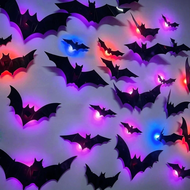 Main image of 12 Pack Halloween Bats Halloween Decorations LED Bats Wall Decor Indoor | Light Up Flashing Modes, Damage Free Removel, 3D Bat Stickers, for Party Walls Windows Mirrors Garages Door