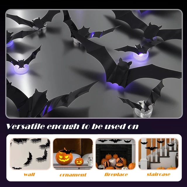 Alt view image 3 of 7 - 12 Pack Halloween Bats Halloween Decorations LED Bats Wall Decor Indoor | Light Up Flashing Modes, Damage Free Removel, 3D Bat Stickers, for Party Walls Windows Mirrors Garages Door