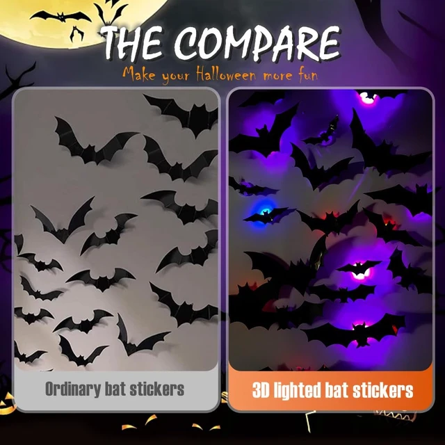 Alt view image 4 of 7 - 12 Pack Halloween Bats Halloween Decorations LED Bats Wall Decor Indoor | Light Up Flashing Modes, Damage Free Removel, 3D Bat Stickers, for Party Walls Windows Mirrors Garages Door
