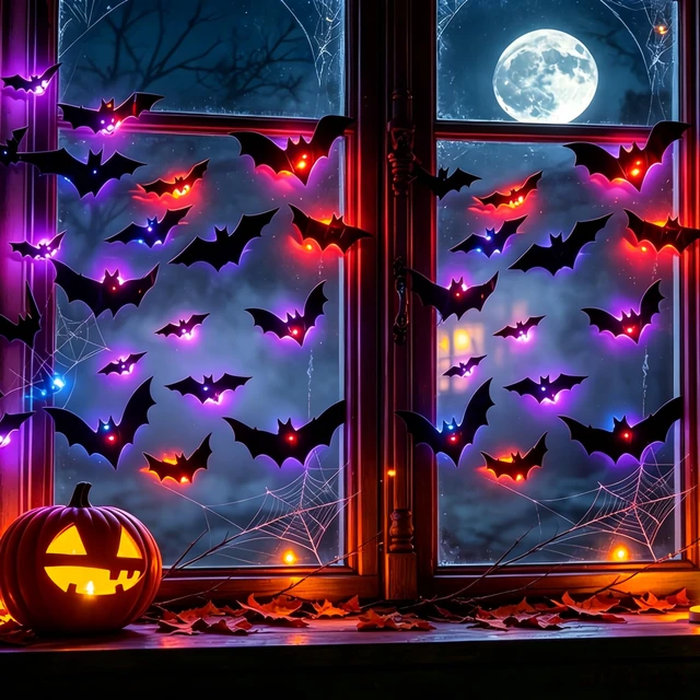 Alt view image 2 of 7 - 12 Pack Halloween Bats Halloween Decorations LED Bats Wall Decor Indoor | Light Up Flashing Modes, Damage Free Removel, 3D Bat Stickers, for Party Walls Windows Mirrors Garages Door