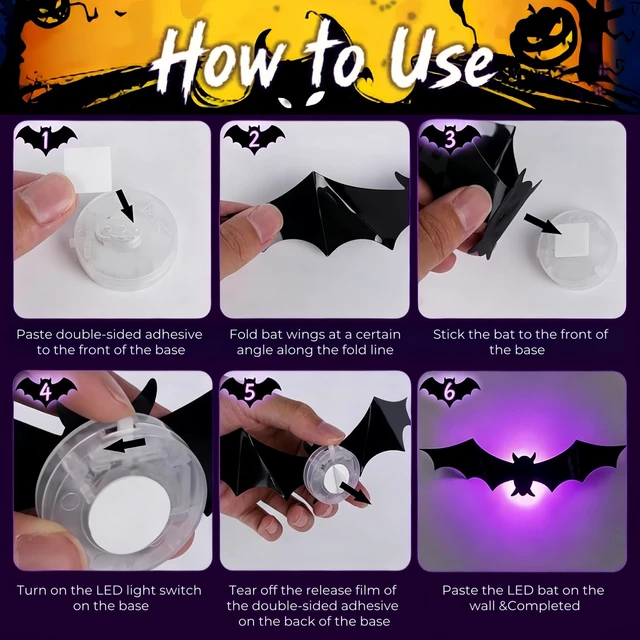Alt view image 5 of 7 - 12 Pack Halloween Bats Halloween Decorations LED Bats Wall Decor Indoor | Light Up Flashing Modes, Damage Free Removel, 3D Bat Stickers, for Party Walls Windows Mirrors Garages Door