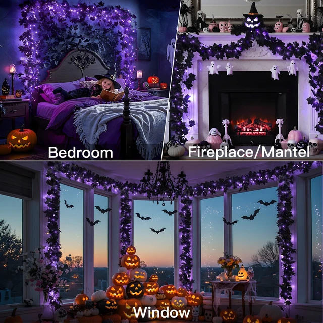 Alt view image 2 of 7 - Halloween Garland with Lights Black Maple Leaves Battery Operated | 20LED 6.5FT Halloween Lights Indoor, Halloween Decor for Yard, Porch, Table, Party, Indoor, Outdoor