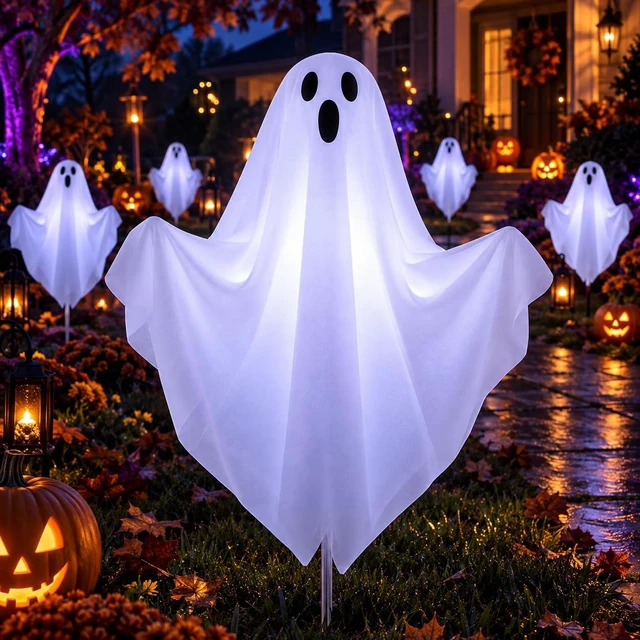 Main image of 10 Pack Pre-Lit Halloween Ghost Pathway Lights w/ 240 LEDs & 8 Modes | 27.5in, DIY Poseable Arms, Ghostly White Glow, Reliable Plug-In Glow, 6/18h Timer, IP44 Rated, for Halloween Outdoor Decor