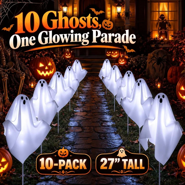 Alt view image 2 of 7 - 10 Pack Pre-Lit Halloween Ghost Pathway Lights w/ 240 LEDs & 8 Modes | 27.5in, DIY Poseable Arms, Ghostly White Glow, Reliable Plug-In Glow, 6/18h Timer, IP44 Rated, for Halloween Outdoor Decor
