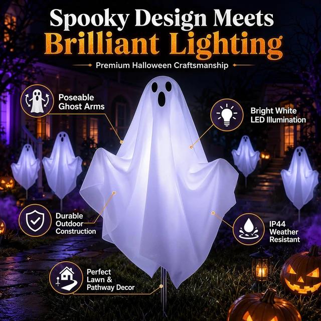 Alt view image 3 of 7 - 10 Pack Pre-Lit Halloween Ghost Pathway Lights w/ 240 LEDs & 8 Modes | 27.5in, DIY Poseable Arms, Ghostly White Glow, Reliable Plug-In Glow, 6/18h Timer, IP44 Rated, for Halloween Outdoor Decor
