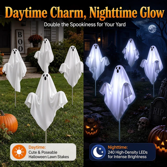 Alt view image 4 of 7 - 10 Pack Pre-Lit Halloween Ghost Pathway Lights w/ 240 LEDs & 8 Modes | 27.5in, DIY Poseable Arms, Ghostly White Glow, Reliable Plug-In Glow, 6/18h Timer, IP44 Rated, for Halloween Outdoor Decor