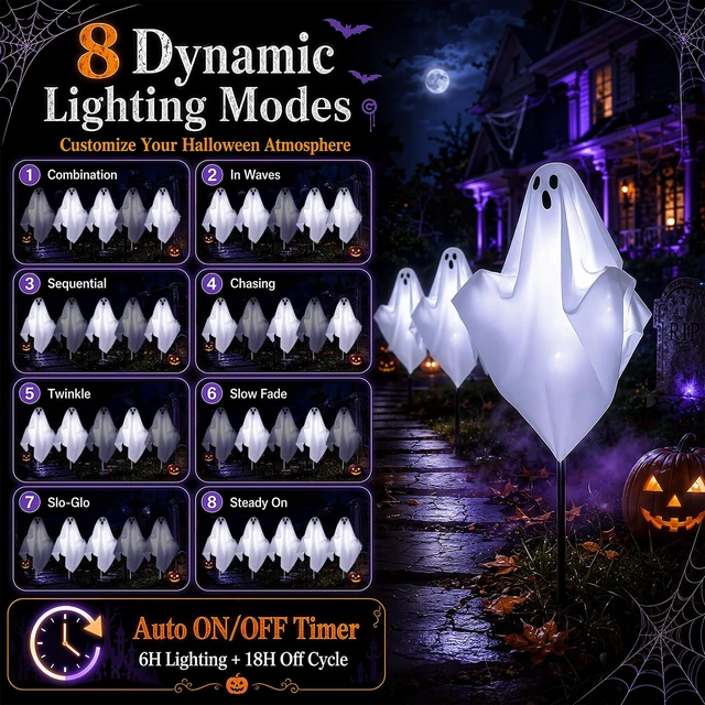 Alt view image 6 of 7 - 10 Pack Pre-Lit Halloween Ghost Pathway Lights w/ 240 LEDs & 8 Modes | 27.5in, DIY Poseable Arms, Ghostly White Glow, Reliable Plug-In Glow, 6/18h Timer, IP44 Rated, for Halloween Outdoor Decor