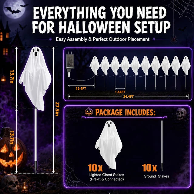 Alt view image 7 of 7 - 10 Pack Pre-Lit Halloween Ghost Pathway Lights w/ 240 LEDs & 8 Modes | 27.5in, DIY Poseable Arms, Ghostly White Glow, Reliable Plug-In Glow, 6/18h Timer, IP44 Rated, for Halloween Outdoor Decor
