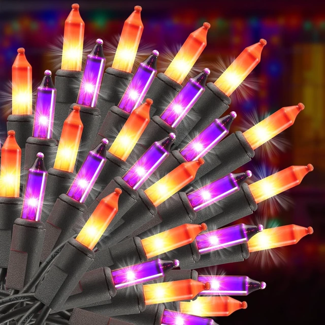 Main image of Purple Orange Halloween String Lights Plug in, 100 Count 21ft Mini Incandescent Spooky Lights with Black Wire, UL-Listed Connectable for Halloween Decorations, Porches, Patios, Trees