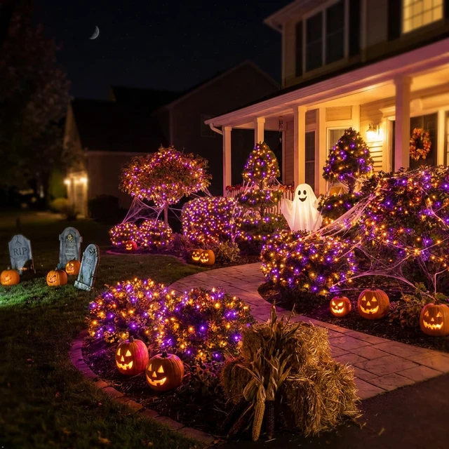 Alt view image 2 of 7 - Purple Orange Halloween String Lights Plug in, 100 Count 21ft Mini Incandescent Spooky Lights with Black Wire, UL-Listed Connectable for Halloween Decorations, Porches, Patios, Trees
