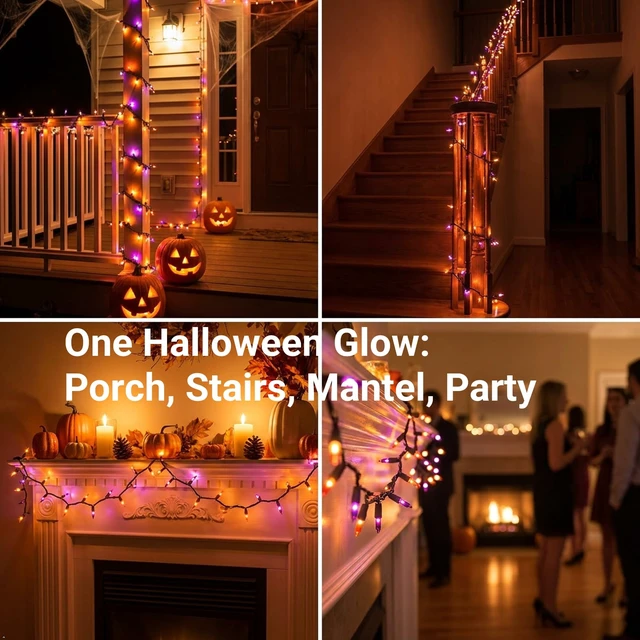 Alt view image 3 of 7 - Purple Orange Halloween String Lights Plug in, 100 Count 21ft Mini Incandescent Spooky Lights with Black Wire, UL-Listed Connectable for Halloween Decorations, Porches, Patios, Trees