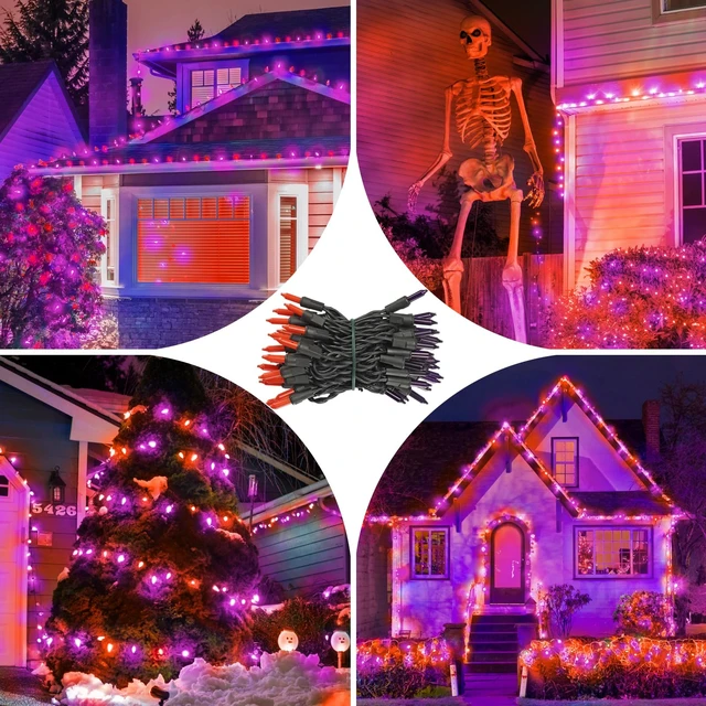 Alt view image 6 of 7 - Purple Orange Halloween String Lights Plug in, 100 Count 21ft Mini Incandescent Spooky Lights with Black Wire, UL-Listed Connectable for Halloween Decorations, Porches, Patios, Trees