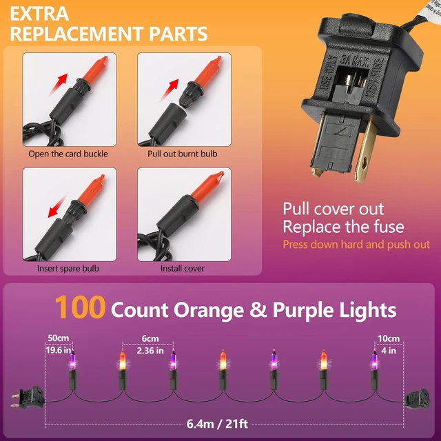 Alt view image 7 of 7 - Purple Orange Halloween String Lights Plug in, 100 Count 21ft Mini Incandescent Spooky Lights with Black Wire, UL-Listed Connectable for Halloween Decorations, Porches, Patios, Trees