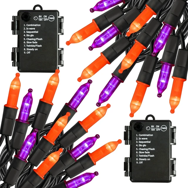 Main image of Halloween Mini String Lights, 2 Pack Total 100 LED 32 FT Waterproof Battery Operated Fairy Lights with 8 Modes, Halloween Decorations for Indoor Outdoor Garden Party Decor (Purple & Orange)