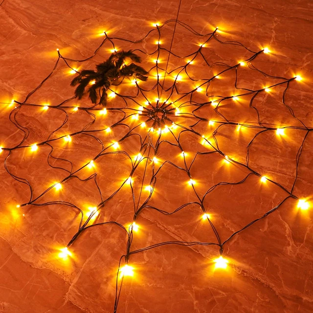 Main image of Halloween 80 LED Orange Spider Web Lights with Spider, Battery Powered 8 Modes Light up Cobweb Halloween Decorations for Indoor Ourdoor Garden Yard Home Patio (Orange)