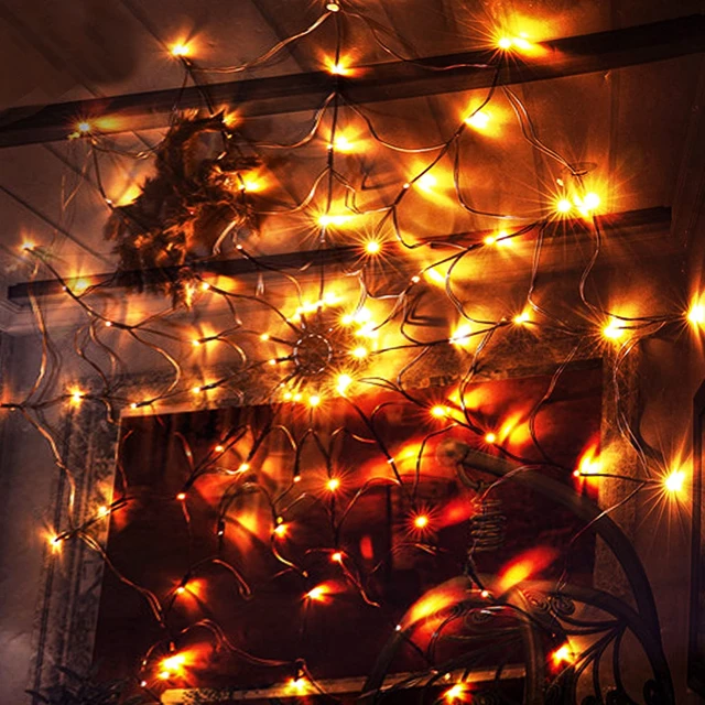 Alt view image 3 of 7 - Halloween 80 LED Orange Spider Web Lights with Spider, Battery Powered 8 Modes Light up Cobweb Halloween Decorations for Indoor Ourdoor Garden Yard Home Patio (Orange)