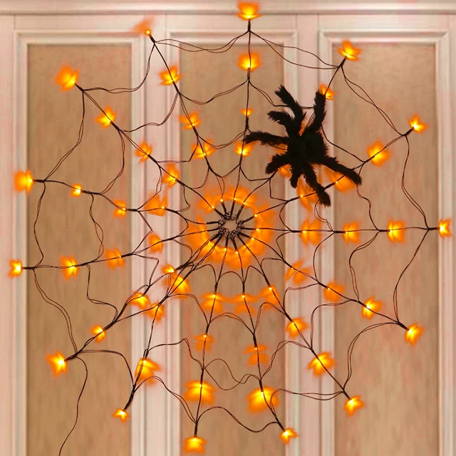 Alt view image 4 of 7 - Halloween 80 LED Orange Spider Web Lights with Spider, Battery Powered 8 Modes Light up Cobweb Halloween Decorations for Indoor Ourdoor Garden Yard Home Patio (Orange)