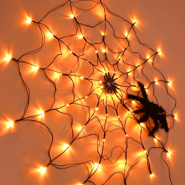 Alt view image 5 of 7 - Halloween 80 LED Orange Spider Web Lights with Spider, Battery Powered 8 Modes Light up Cobweb Halloween Decorations for Indoor Ourdoor Garden Yard Home Patio (Orange)