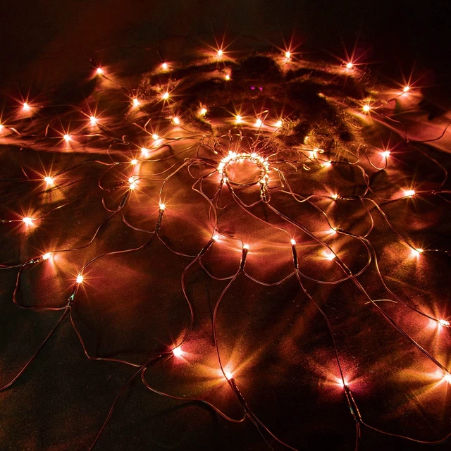 Alt view image 6 of 7 - Halloween 80 LED Orange Spider Web Lights with Spider, Battery Powered 8 Modes Light up Cobweb Halloween Decorations for Indoor Ourdoor Garden Yard Home Patio (Orange)