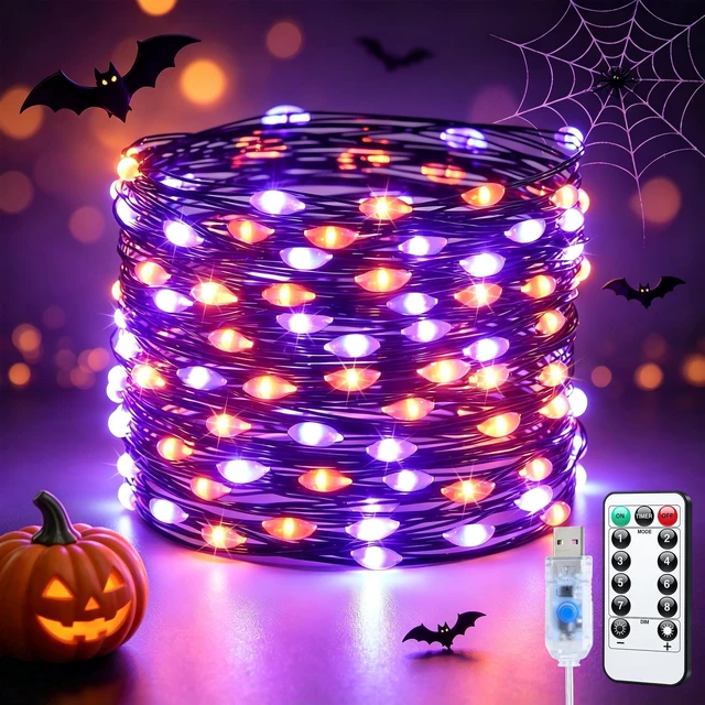 Main image of 100 LED Orange and Purple Fairy Halloween Lights USB Powered | 8 Modes Timer Plug in Indoor Outdoor Remote Control for Fireplace Room Tree Car Roof Patio Party Halloween Decorations