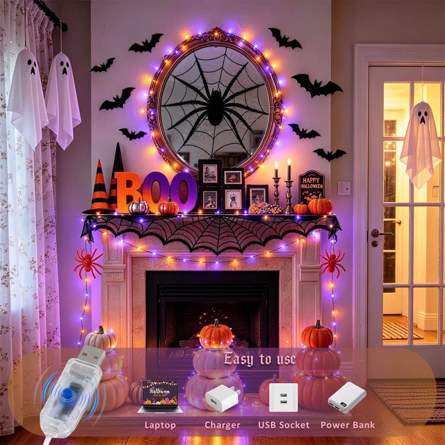 Alt view image 2 of 7 - 100 LED Orange and Purple Fairy Halloween Lights USB Powered | 8 Modes Timer Plug in Indoor Outdoor Remote Control for Fireplace Room Tree Car Roof Patio Party Halloween Decorations