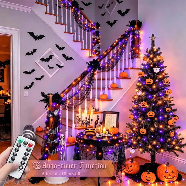 Alt view image 4 of 7 - 100 LED Orange and Purple Fairy Halloween Lights USB Powered | 8 Modes Timer Plug in Indoor Outdoor Remote Control for Fireplace Room Tree Car Roof Patio Party Halloween Decorations