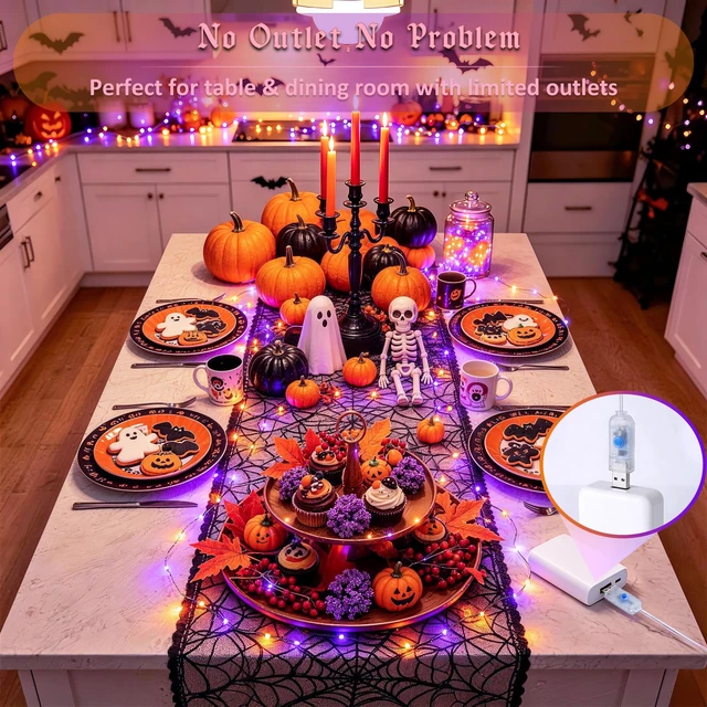 Alt view image 6 of 7 - 100 LED Orange and Purple Fairy Halloween Lights USB Powered | 8 Modes Timer Plug in Indoor Outdoor Remote Control for Fireplace Room Tree Car Roof Patio Party Halloween Decorations