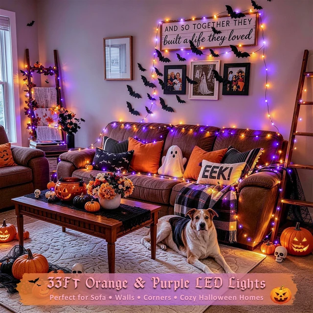 Alt view image 7 of 7 - 100 LED Orange and Purple Fairy Halloween Lights USB Powered | 8 Modes Timer Plug in Indoor Outdoor Remote Control for Fireplace Room Tree Car Roof Patio Party Halloween Decorations