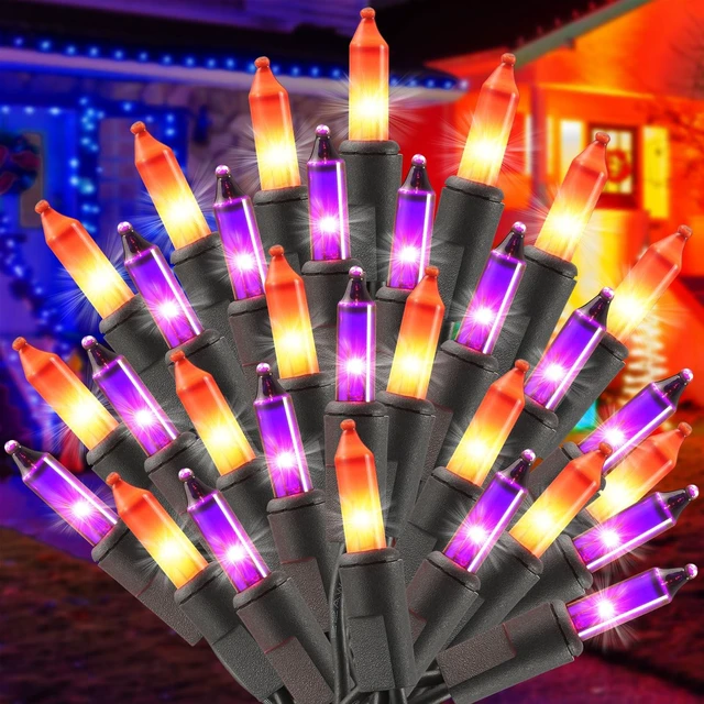 Main image of Halloween Purple Orange String Lights Plug in, 21FT 100 Count Mini Incandescent Black Cord, Connectable Spooky Tree Lights for Mantle, Porch, Yard Decor
