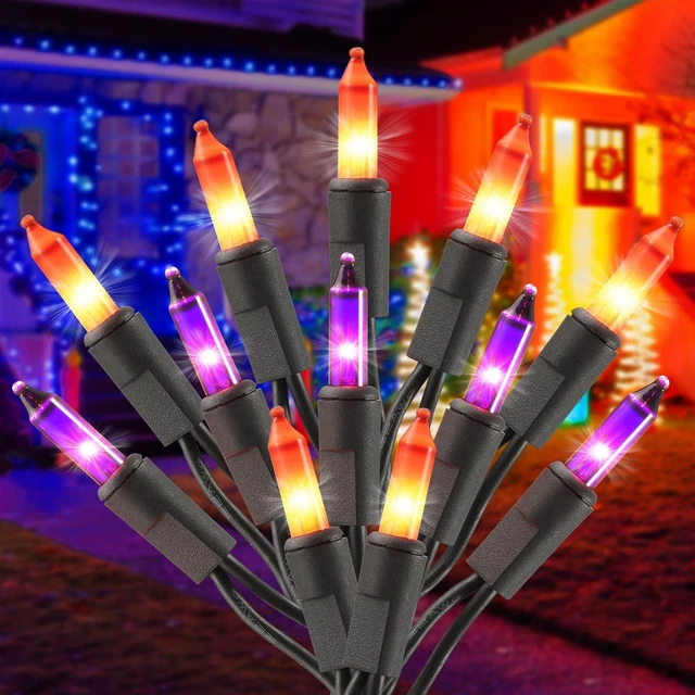 Alt view image 2 of 7 - Halloween Purple Orange String Lights Plug in, 21FT 100 Count Mini Incandescent Black Cord, Connectable Spooky Tree Lights for Mantle, Porch, Yard Decor