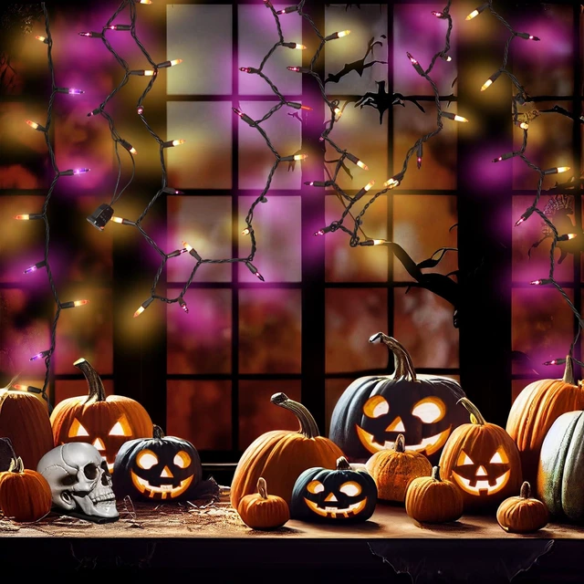 Alt view image 3 of 7 - Halloween Purple Orange String Lights Plug in, 21FT 100 Count Mini Incandescent Black Cord, Connectable Spooky Tree Lights for Mantle, Porch, Yard Decor